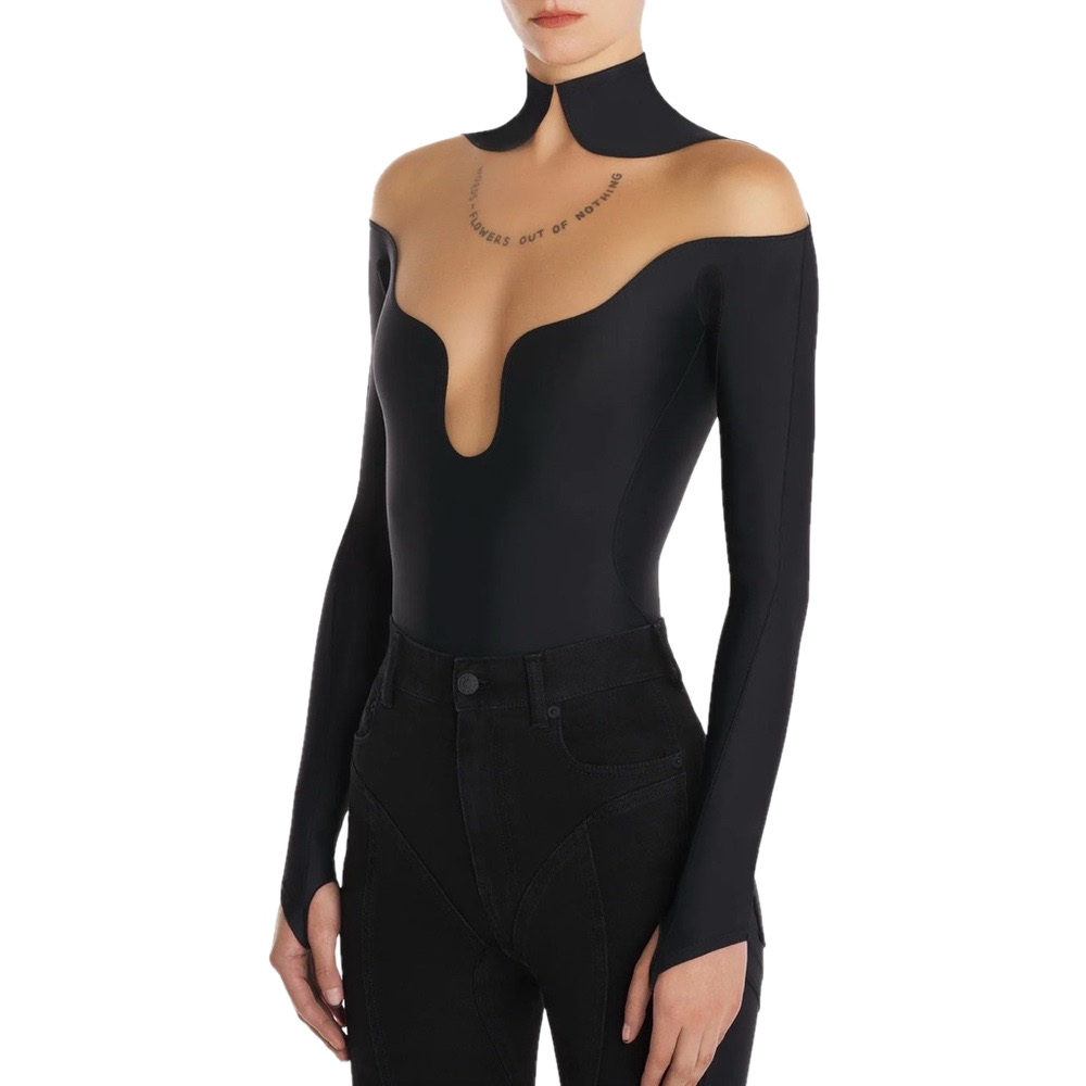 NWT Mugler Wavy Black bodysuit in light nude - size 34